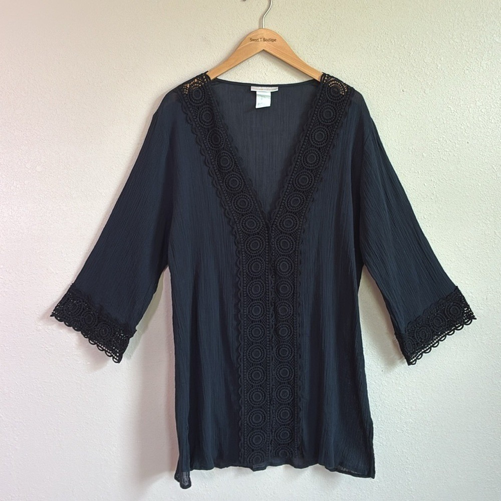LA BLANCA XL Black Cotton Lace Trim Longline Swim Cover Beach Resort Summer - Picture 2 of 14